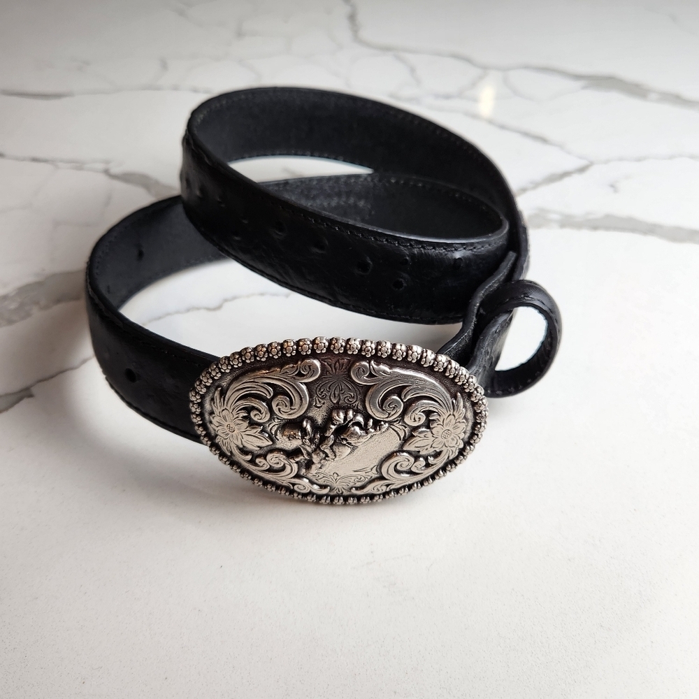 NOCONA BELT COMPANY BLACK LEATHER OSTRICH PRINT 100% LEATHER BELT SIZE 26